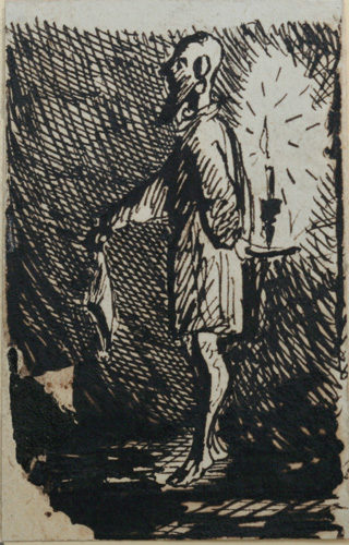 Zeichnung von Wilhelm Raabe: Ein Mann im Nachthemd, der in der Dunkelheit steht und eine brennende Kerze hinter dem Rücken hält. (Wird bei Klick vergrößert)