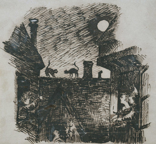 Zeichnung von Wilhelm Raabe: Zwei Katzen stehen bei Vollmond auf einem Dach, Menschen schauen verärgert aus dem Fenster.
