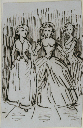 Zeichnung von Wilhelm Raabe: Drei Damen in Kleidern stehen nebeneinander