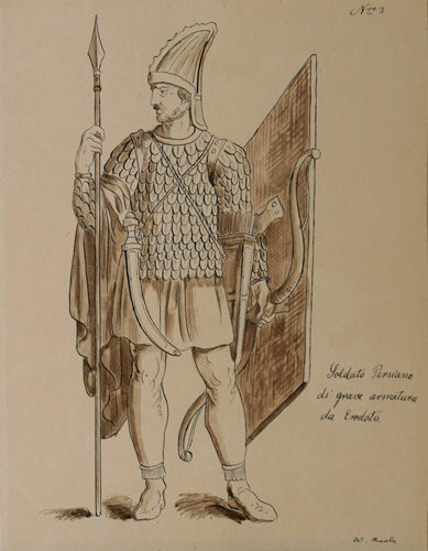Zeichnung von Wilhelm Raabe: Ein Soldat in Rüstung und Helm, bewaffnet mit einem Speer, einem Bogen und einem Schild. An seiner Hüfte hängt ein langer Dolch in einer Scheide. (Wird bei Klick vergrößert)
