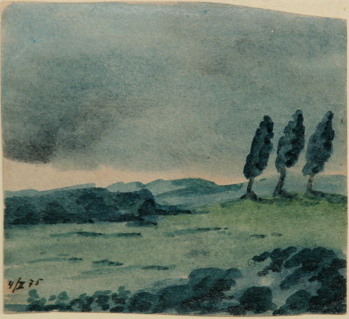 Aquarell von Wilhelm Raabe: Eine Landschaft mit drei einzelnen Bäumen.
