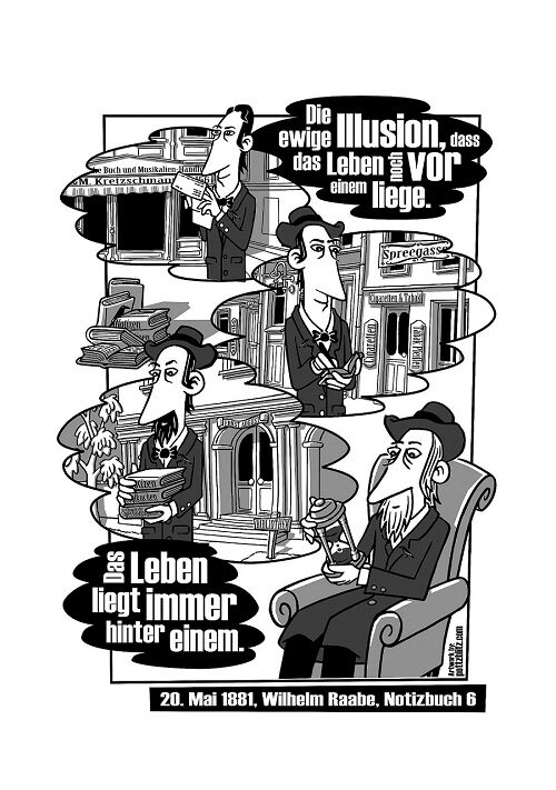 „Die ewige Illusion, dass das Leben noch vor einem liege. Das Leben liegt immer hinter einem.“ 20. Mai 1881, Wilhelm Raabe, Notizbuch 6 (Wird bei Klick vergrößert)