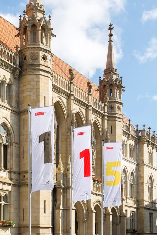 Fahnen mit dem D115-Logo vor dem Rathaus (Wird bei Klick vergrößert)