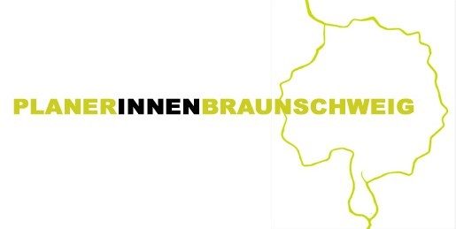 Logo Abbild des Okerumflutgrabens und Text PlanerinnenBraunschweig