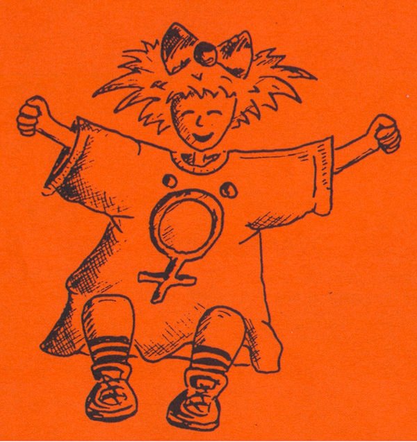 Gezeichnetes springendes Mädchen mit Weiblichkeitszeichen auf dem Shirt (Wird bei Klick vergrößert)