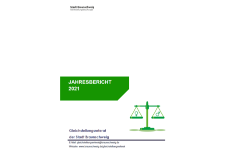 Cover Jahresbericht 2021 mit dem Titel und symbolischer Waage mit dem Zeichen für Frauen und Männer