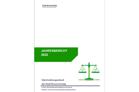 Cover Jahresbericht 2022 mit dem Titel und symbolischer Waage mit dem Zeichen für Frauen und Männer