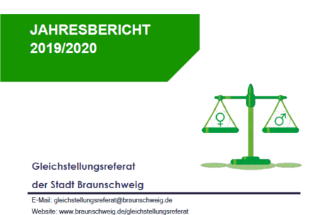 Schriftzug Jahresbericht 2019/2020 Gleichstellungsreferat und Waage mit weiblichem und männlichem Symbol