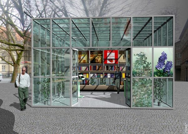 Gewächshaus mit Tauschbibliothek zur Stadt der Wissenschaft 2007 auf dem Domplatz. (Wird bei Klick vergrößert)