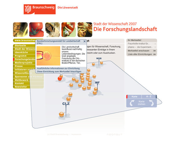 Ansicht der Internet-Seite "Braunschweiger Forschungslandschaft" (Wird bei Klick vergrößert)