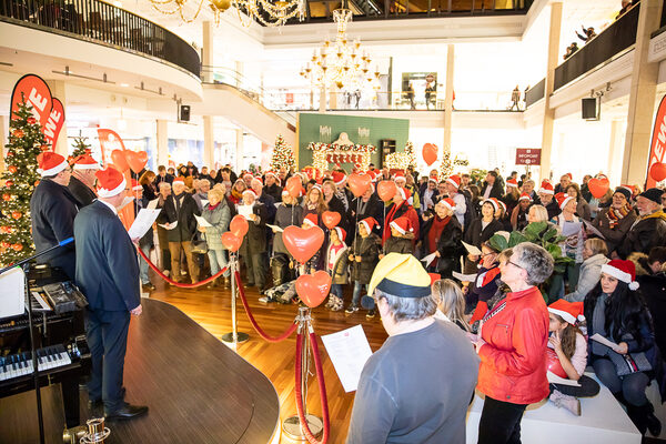 Beim Weihnachtsliedersingen in den Schloss-Arkaden spendeten die BLSK und die REWE-Märkte Braunschweig für jeden verkleideten Gast. (Wird bei Klick vergrößert)