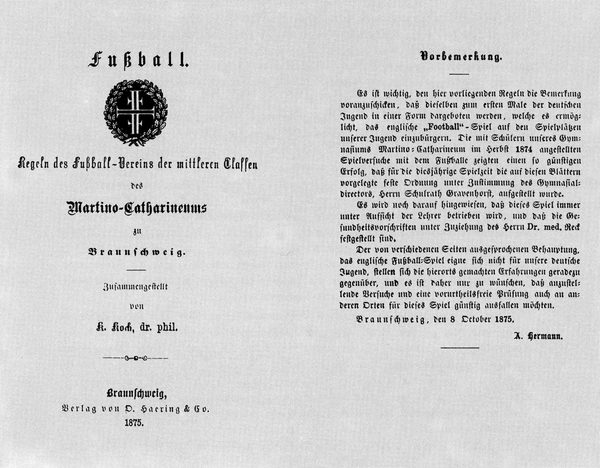 Titelseite der ersten deutschen Fußballregeln von 1875 (Wird bei Klick vergrößert)