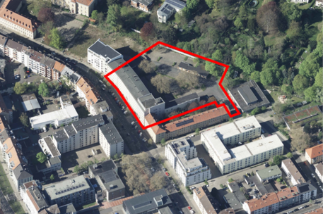 Das Bild ist ein Luftbild des Areals an der Wilhelmstraße.