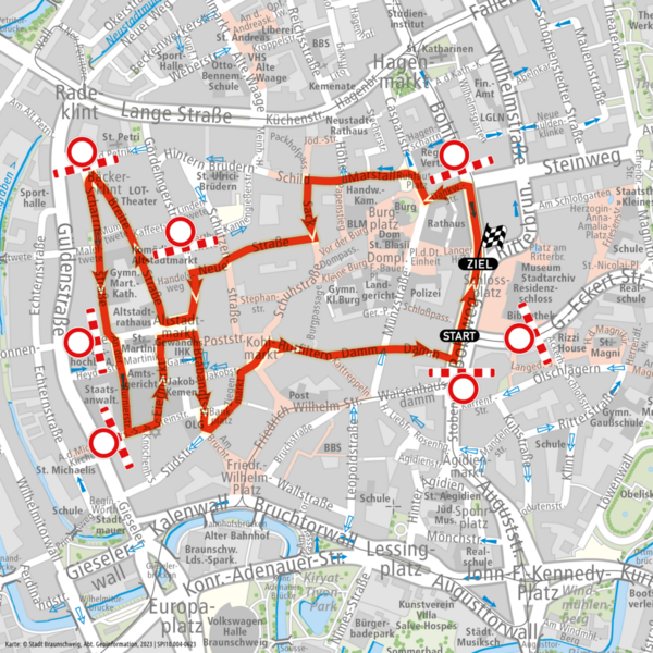 Die Karte zeigt die Nachtlauf-Strecke und die Sperrungen. (Wird bei Klick vergrößert)