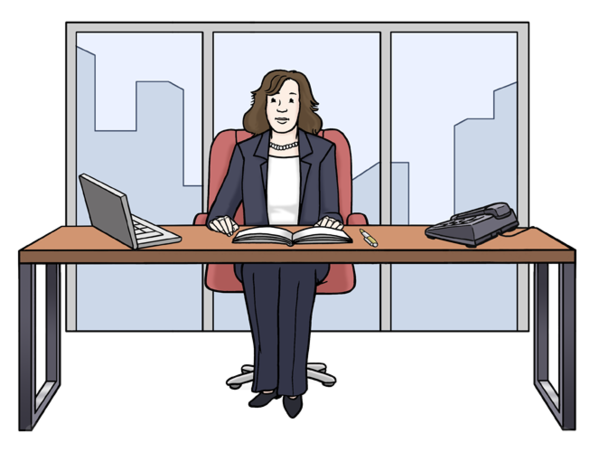 vereinfachte Darstellung: Frau hinter einem Schreibtisch