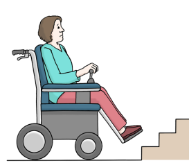 vereinfachte Darstellung: Person in einem Rollstuhl vor einer Treppe