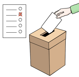 vereinfachte Darstellung eines Stimmzettels und einer Wahlurne, in die ein Stimmzettel eingeworfen wird