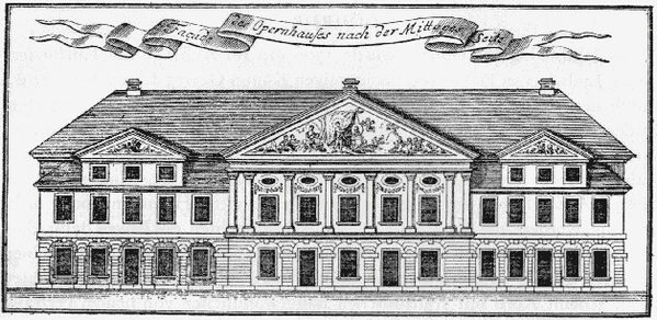 Opernhaus am Hagenmarkt. Kupferstich von Anton A. Beck nach Hermann Korb, 1747 (Wird bei Klick vergrößert)