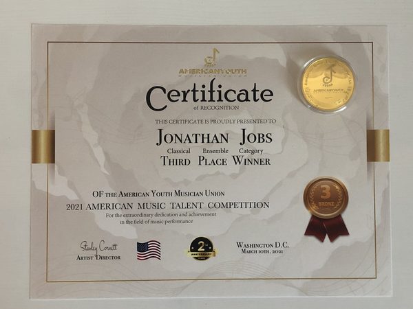 Urkunde Jonathan Jobs Amerika-Wettbewerb 2021