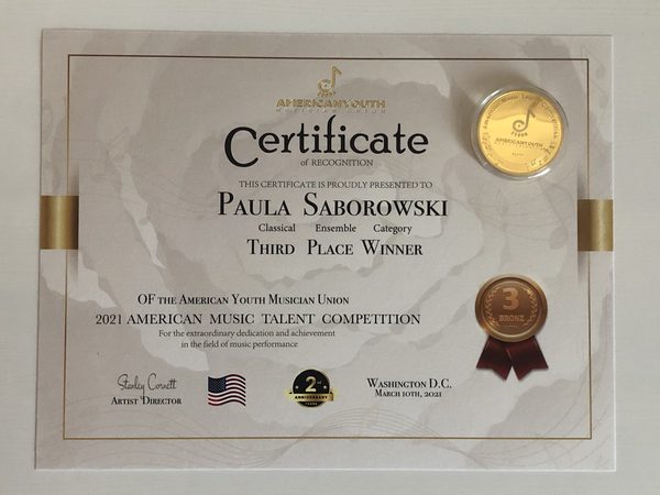 Urkunde Paula Saborowski Amerika-Wettbewerb 2021 (Wird bei Klick vergrößert)