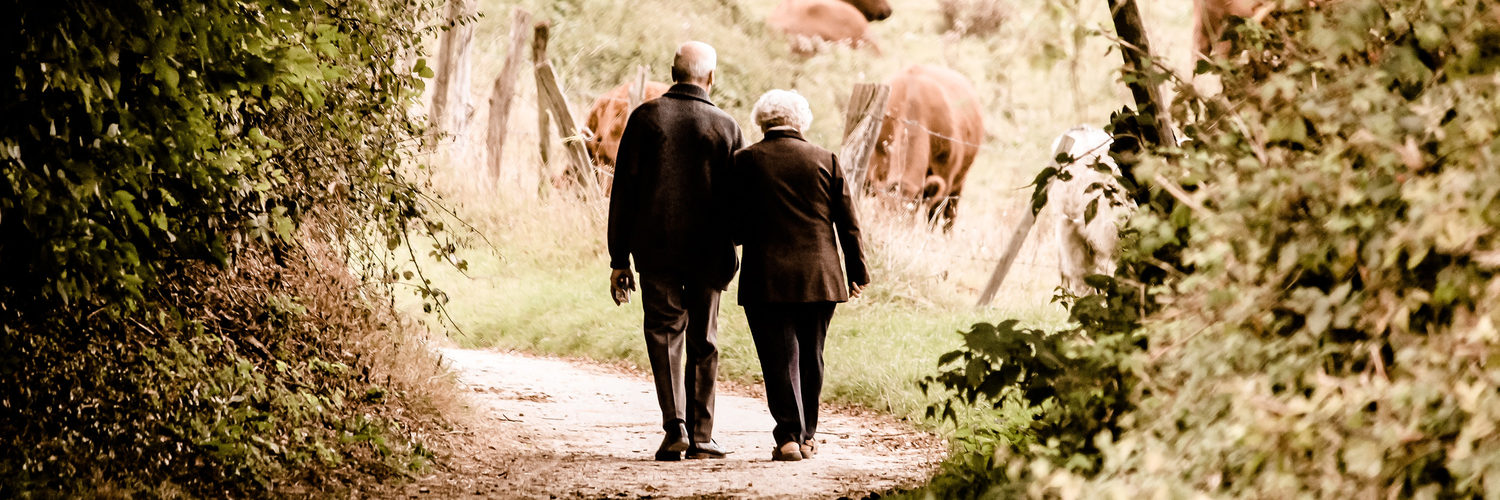 Rückansicht eines Seniorenpaars beim Spaziergang