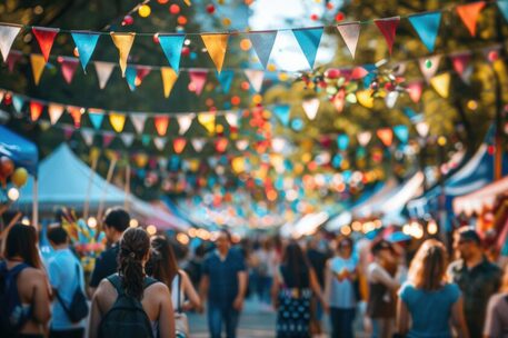 A lively outdoor festival with colorful bunting flags and a crowd of people enjoying the festivities under sunny skies.