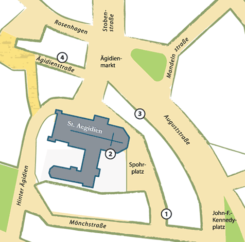 Legende: 1. Spohrplatz 7 / 2. St. Aegidien / 3. Leisewitzhaus / 4. Othilienviertel - Ägidienstraße (Wird bei Klick vergrößert)