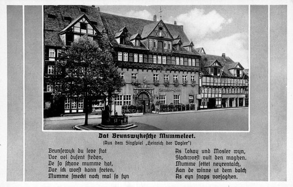 Historische Postkarte Mummehaus mit Mumme-Liedertext (Zoom on click)