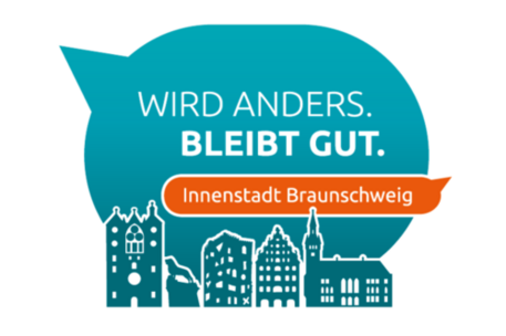 Das Bild zeigt die Wort-Bild-Marke des Innenstadtdialogs. Eine Sprechblase mit Braunschweiger Silhouette und dem Slogan "Wird anders. Bleibt gut. Innenstadt Braunschweig".