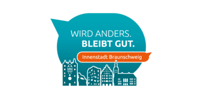 Das Bild zeigt die Wort-Bild-Marke des Innenstadtdialogs. Eine Sprechblase mit Braunschweiger Silhouette und dem Slogan "Wird anders. Bleibt gut. Innenstadt Braunschweig".