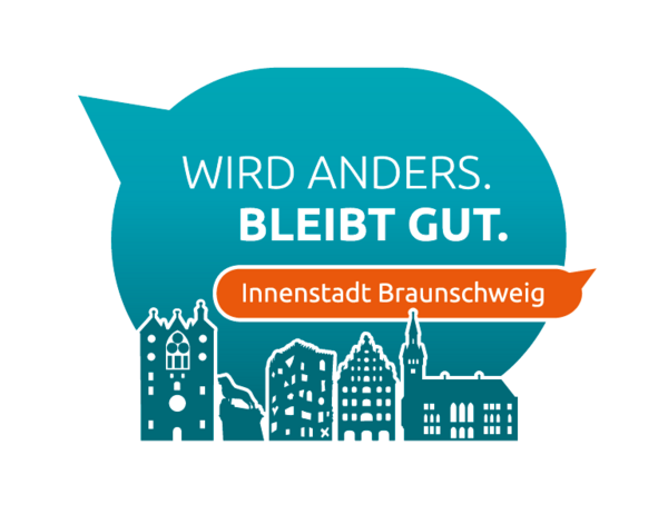 Das Bild zeigt die Wort-Bild-Marke des Innenstadtdialogs. Eine Sprechblase mit Braunschweiger Silhouette und dem Slogan "Wird anders. Bleibt gut. Innenstadt Braunschweig". (Wird bei Klick vergrößert)