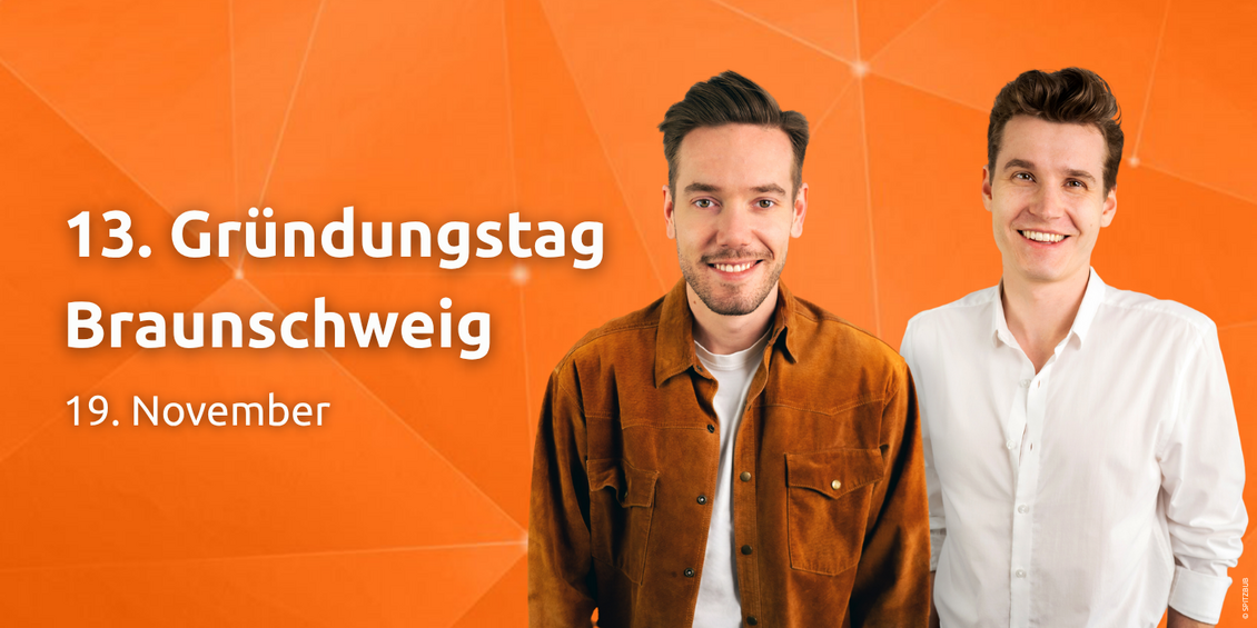 Zwei Männer auf orangem Hintergrund