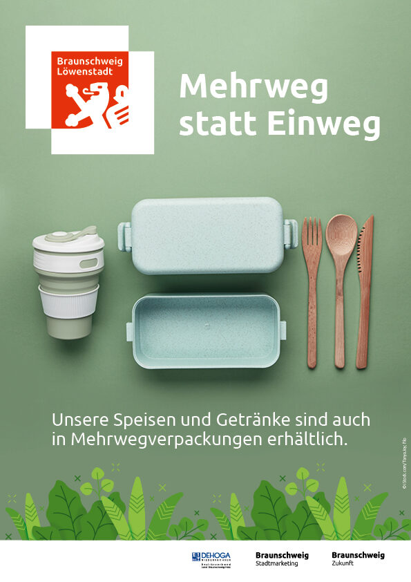 Verschiedene Mehrwegbehältnissen, Becher, Lunchbox, Besteck (Wird bei Klick vergrößert)